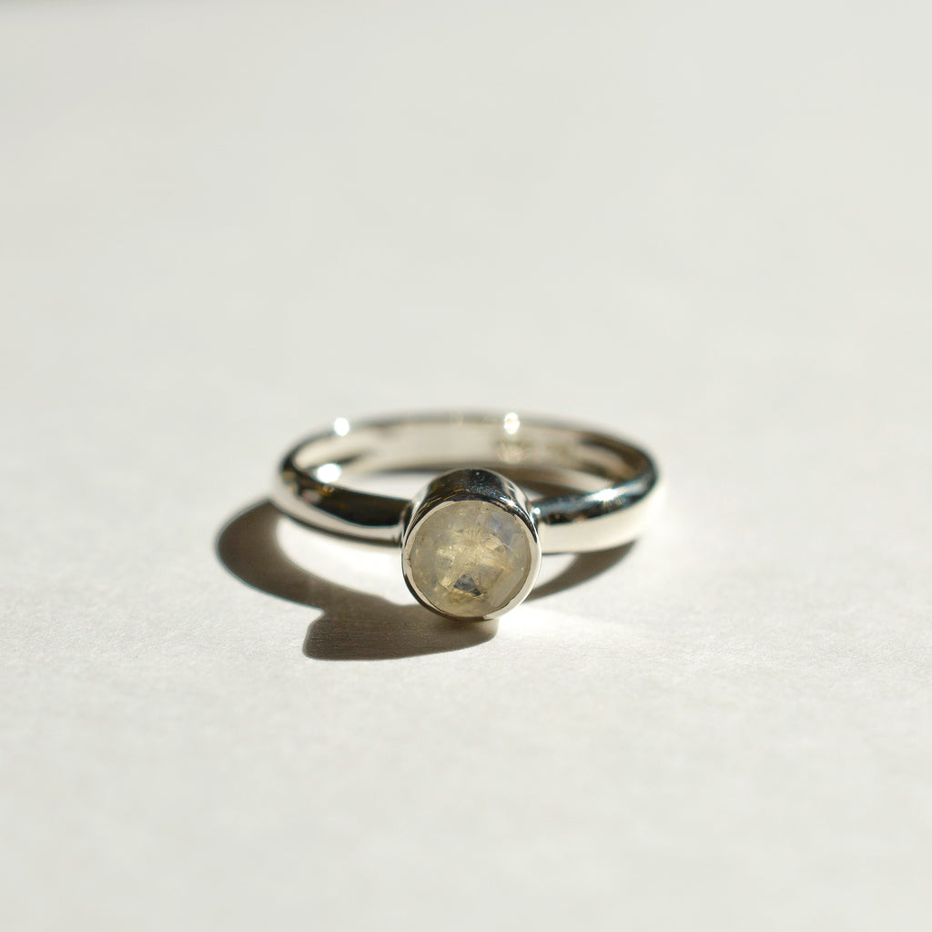 Large Bezel Set Faceted Rainbow Moonstone Ring