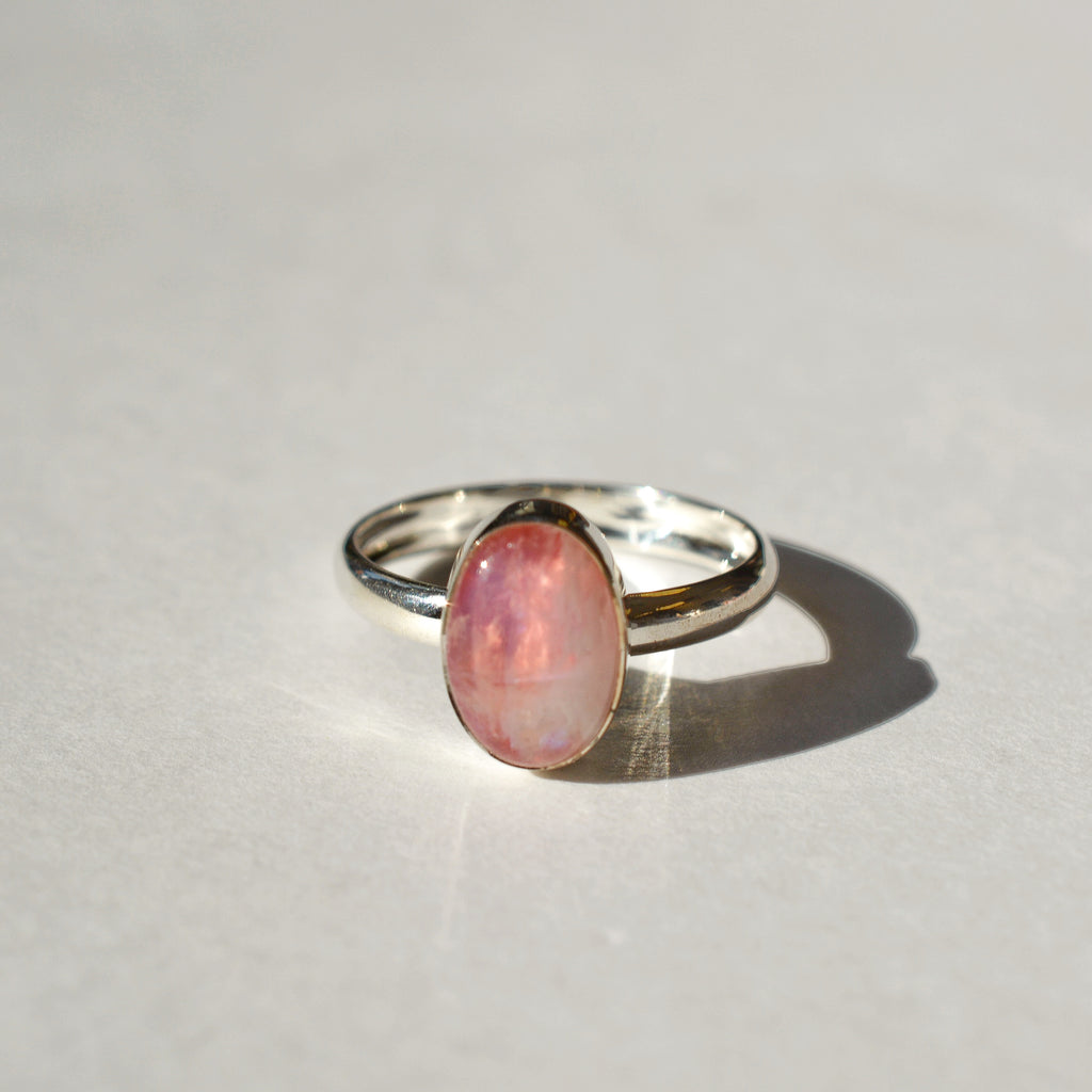 Large Bezel Set Polished Pink Moonstone Ring
