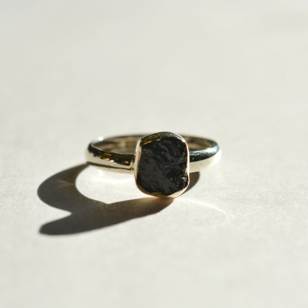 Large Bezel Set Rough Cut Black Tourmaline Ring