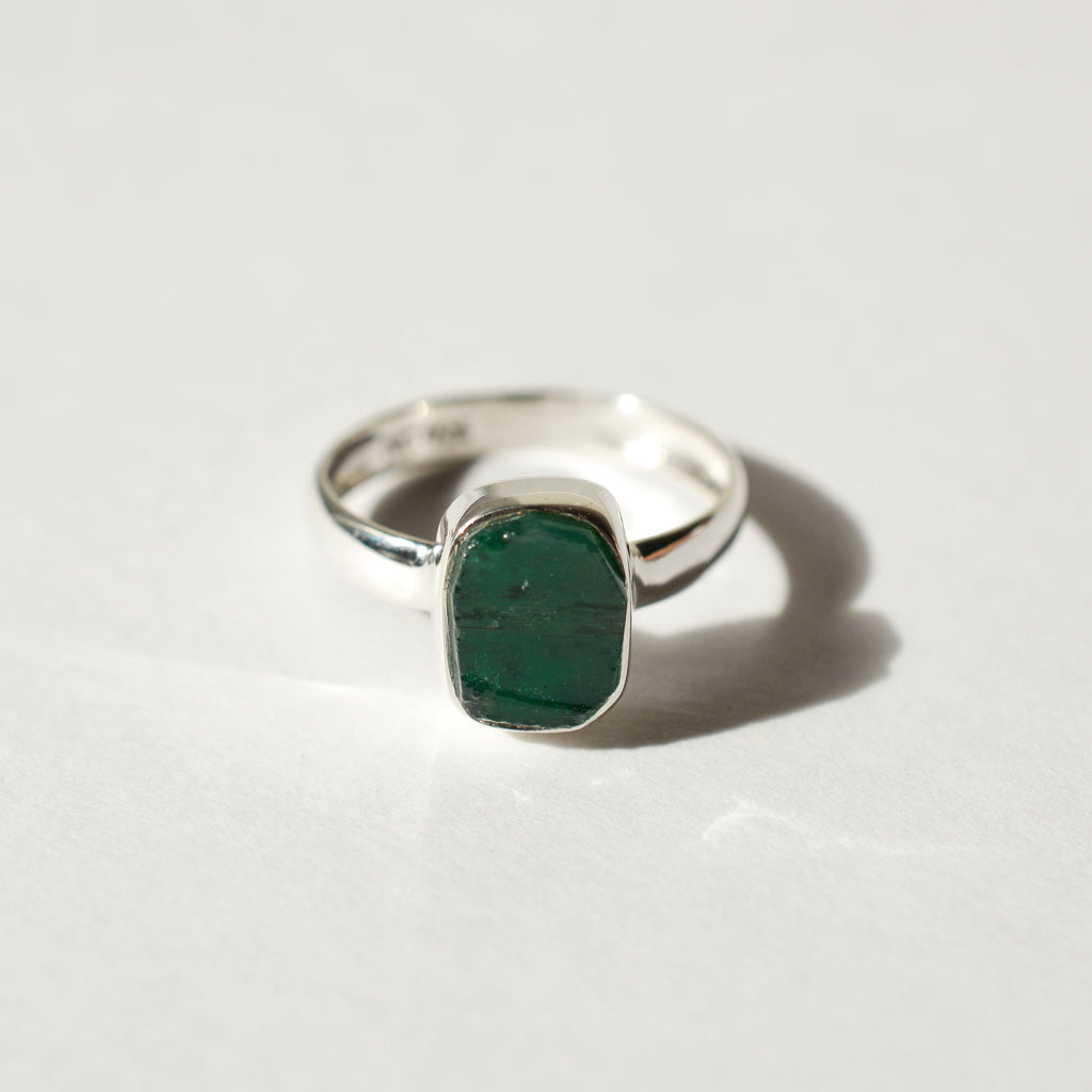 Large Bezel Set Rough Cut Emerald Ring
