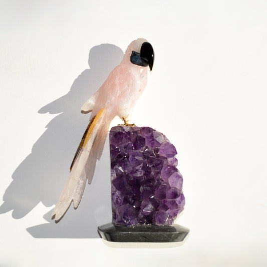 Sacred Wings Collection - Large Rose Quartz Parrot on Amethyst