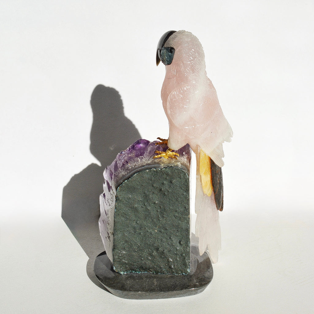 Sacred Wings Collection - Large Rose Quartz Parrot on Amethyst