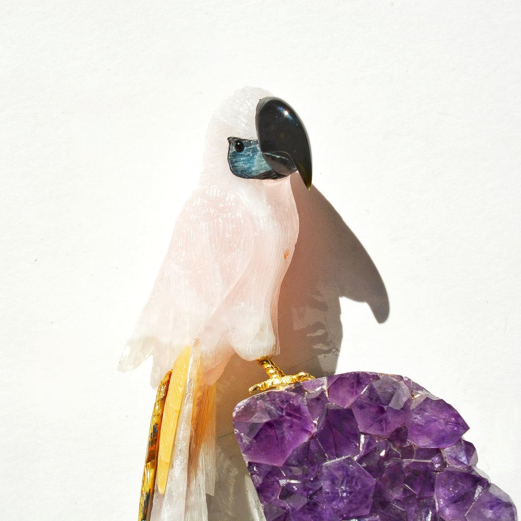 Sacred Wings Collection - Large Rose Quartz Parrot on Amethyst