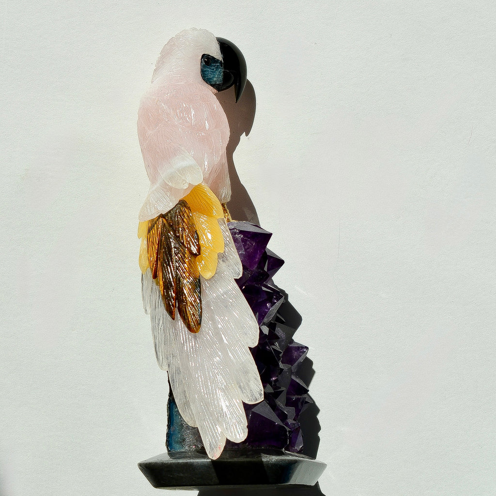 Sacred Wings Collection - Large Rose Quartz Parrot on Amethyst