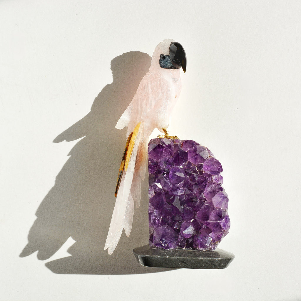 Sacred Wings Collection - Large Rose Quartz Parrot on Amethyst