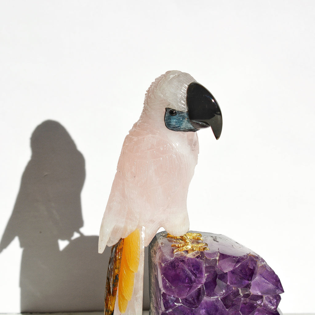 Sacred Wings Collection - Large Rose Quartz Parrot on Amethyst