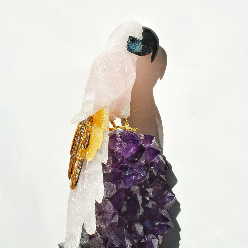 Sacred Wings Collection - Large Rose Quartz Parrot on Amethyst
