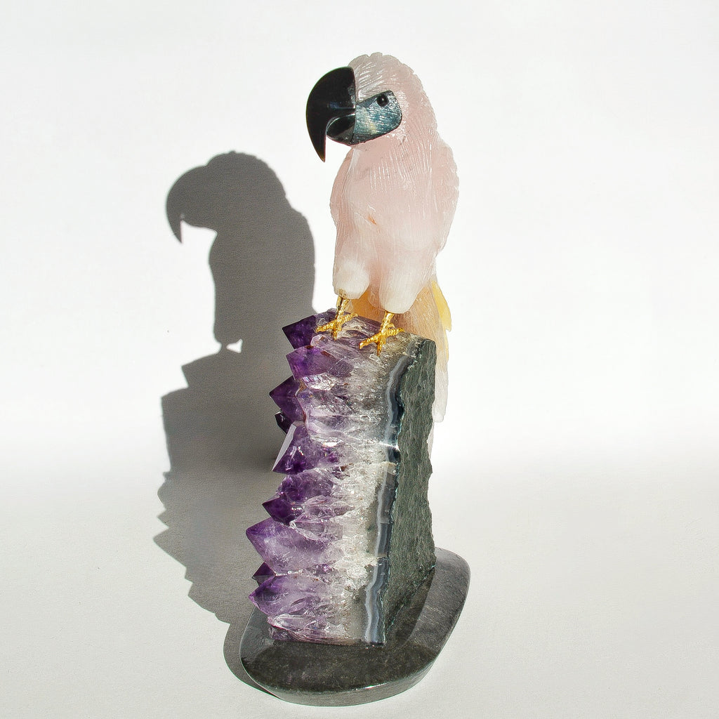 Sacred Wings Collection - Large Rose Quartz Parrot on Amethyst