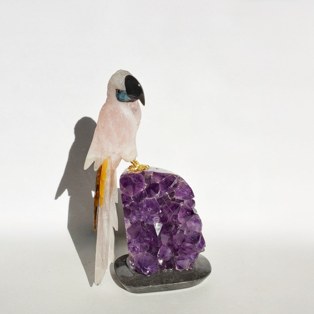 Sacred Wings Collection - Large Rose Quartz Parrot on Amethyst