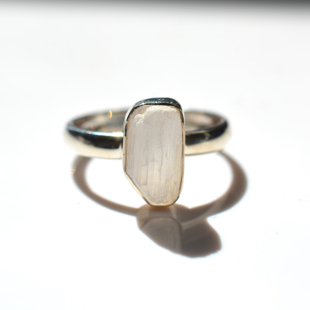 Large Bezel Set Rough Cut Selenite Ring
