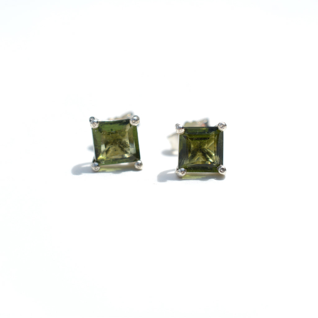 Moldavite Square Stud Earrings