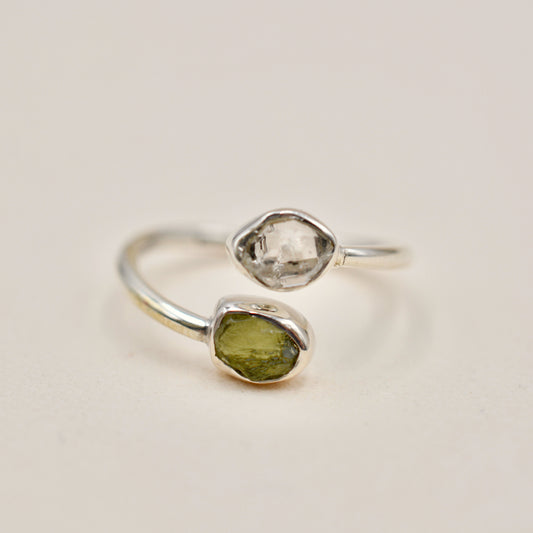 Moldavite & Herkimer Diamond Bypass Ring - Silver