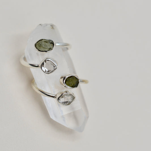 Moldavite & Herkimer Diamond Bypass Ring - Silver