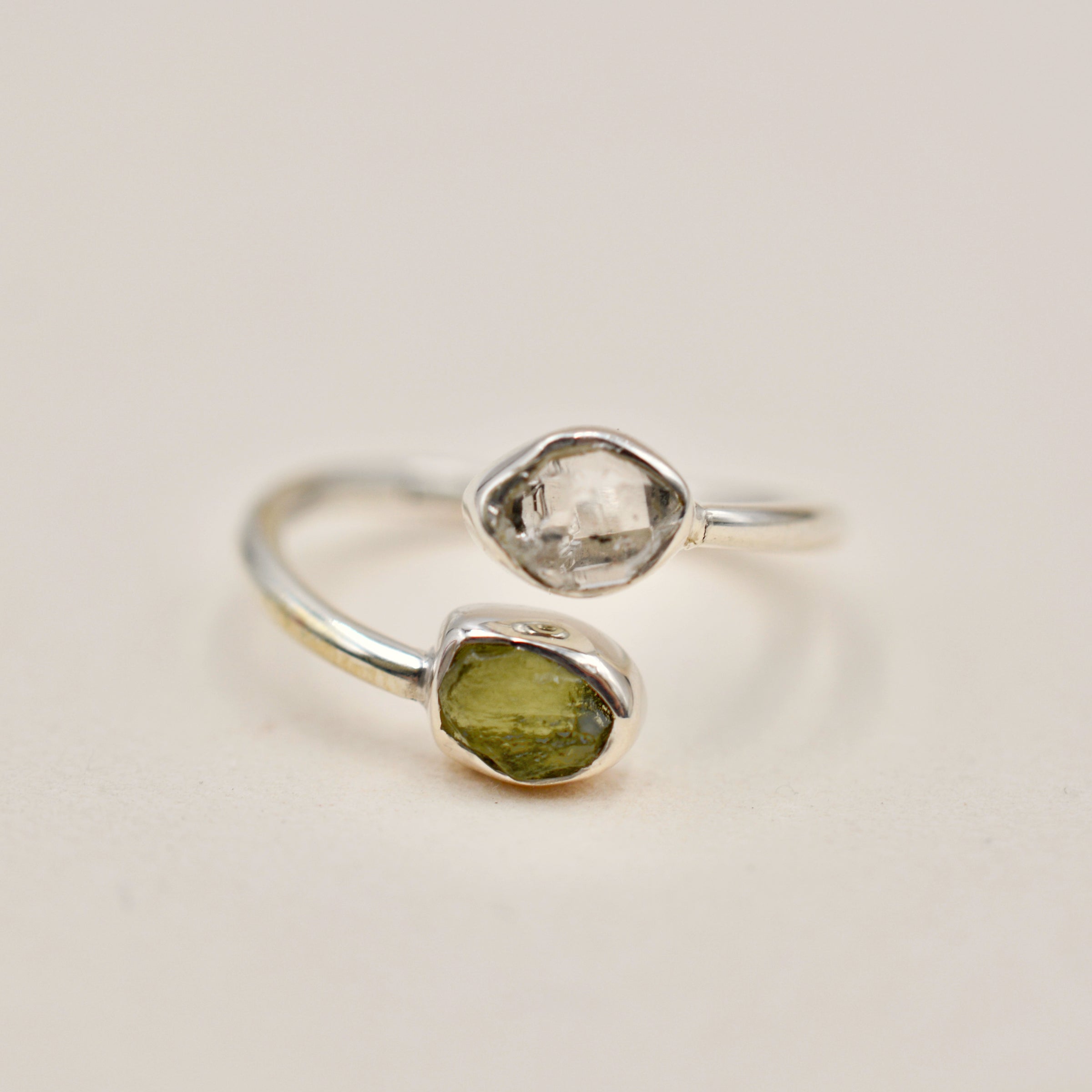 Czech Moldavite and Herkimer Diamond on Flexible hotsell Band Ring