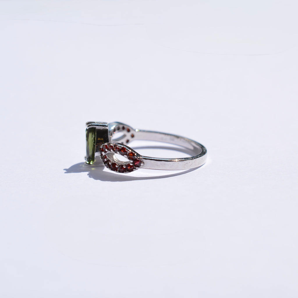 Moldavite and Garnet Ring