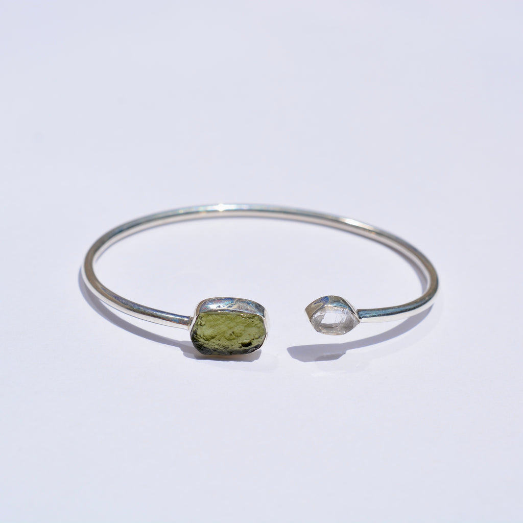 Moldavite and Herkimer Diamond Open Bangle Bracelet