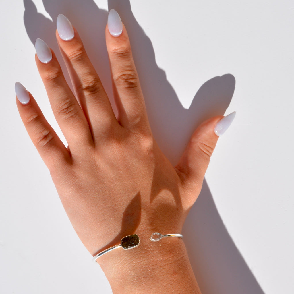 Moldavite and Herkimer Diamond Open Bangle Bracelet