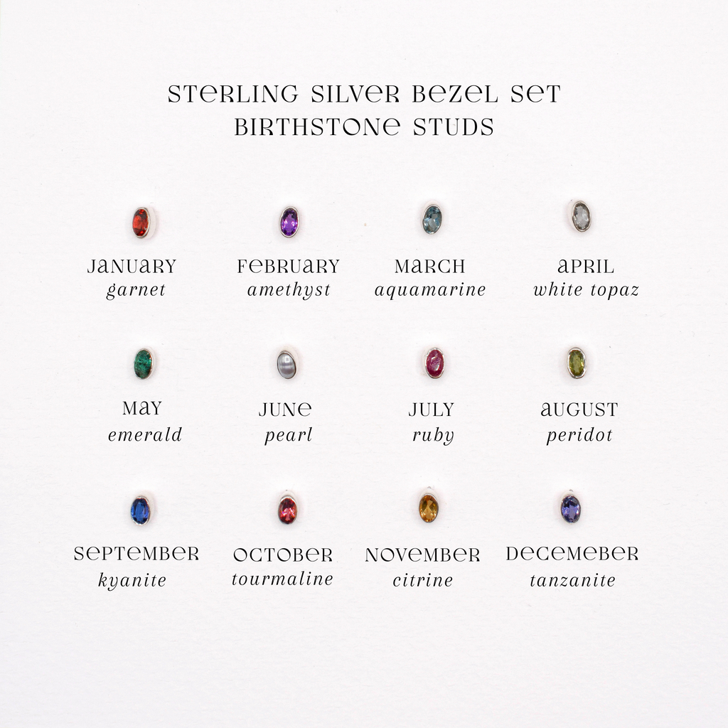 Chart of birthstone studs with corresponding months on a white background