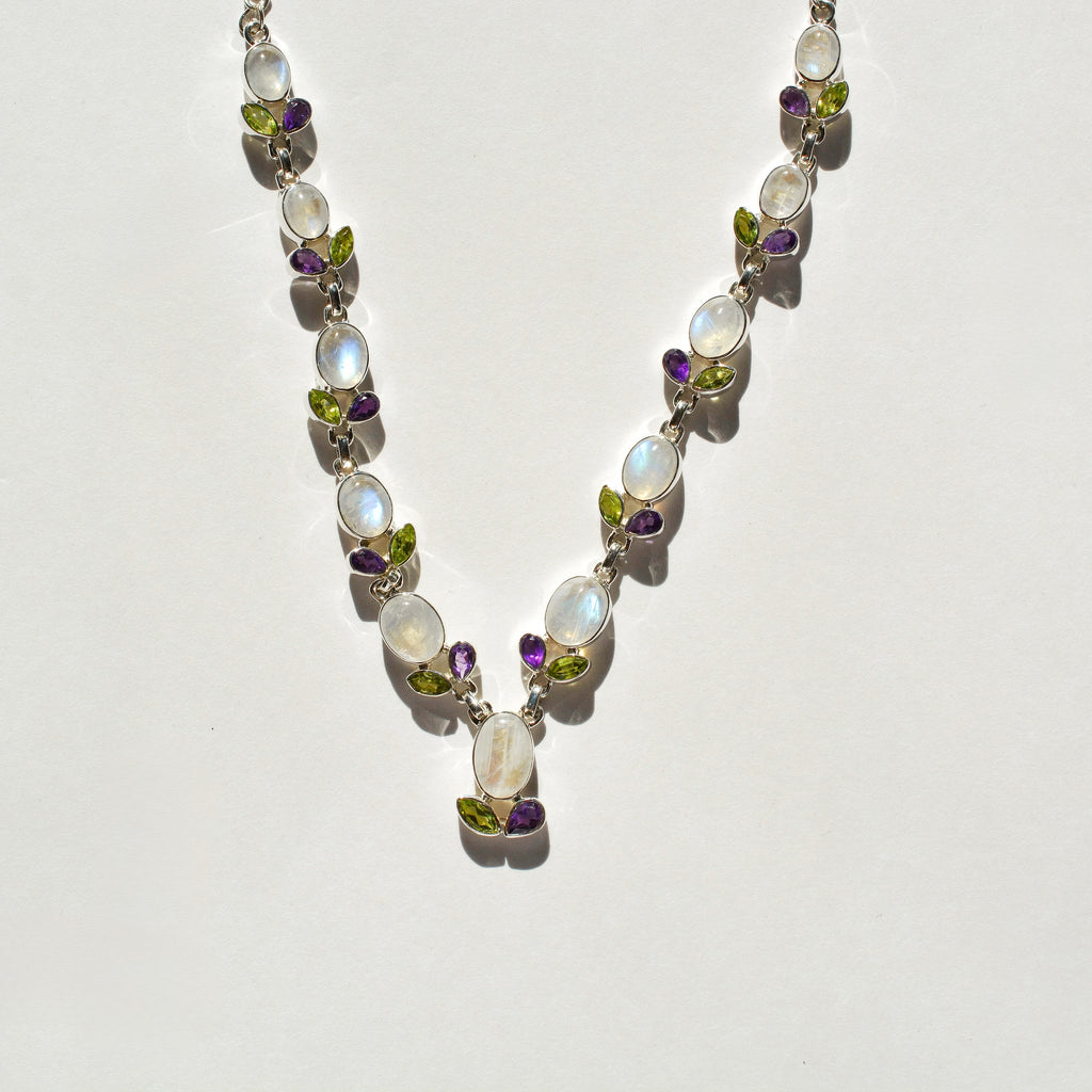 Luminous Stations Necklace – Rainbow Moonstone, Peridot, and Amethyst