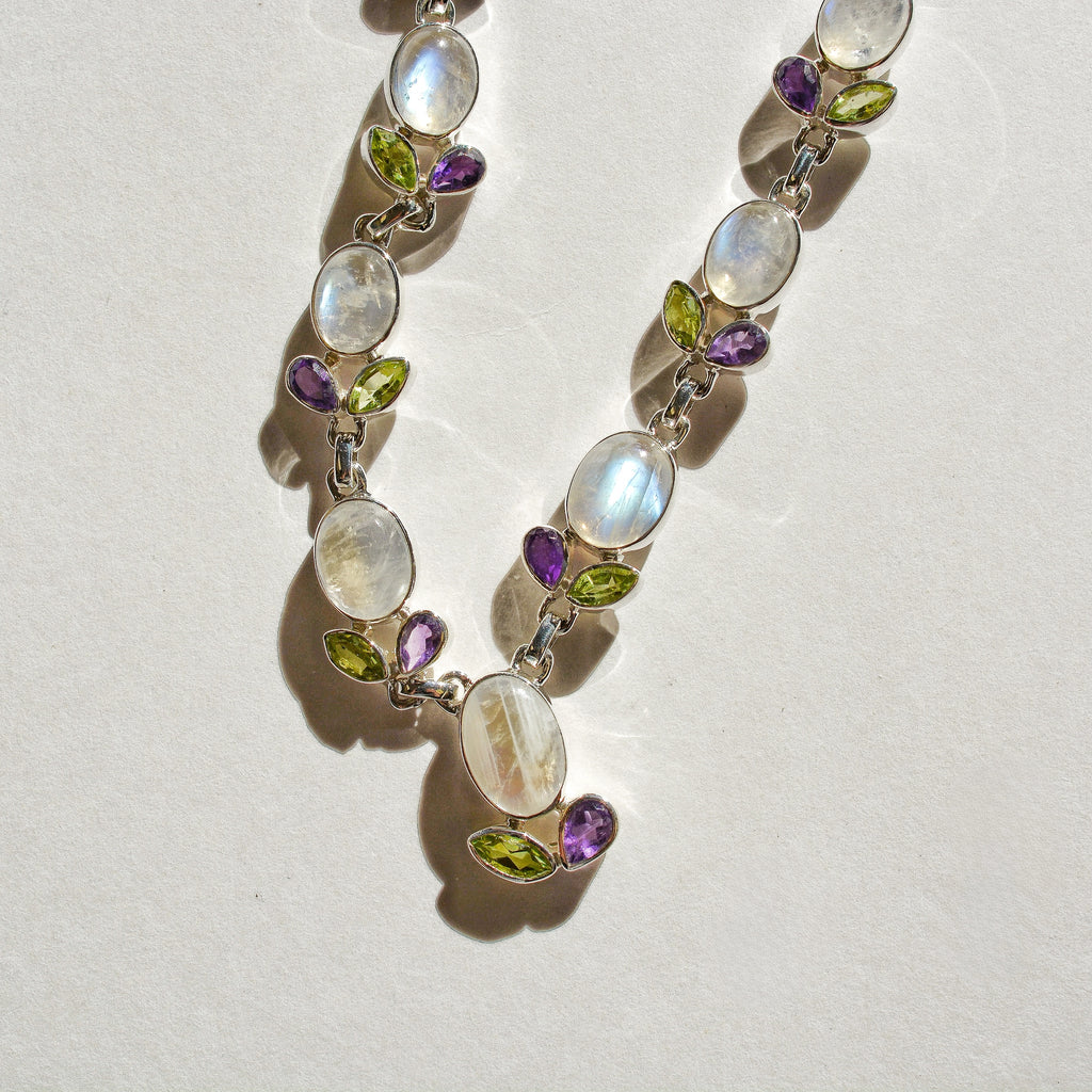 Luminous Stations Necklace – Rainbow Moonstone, Peridot, and Amethyst