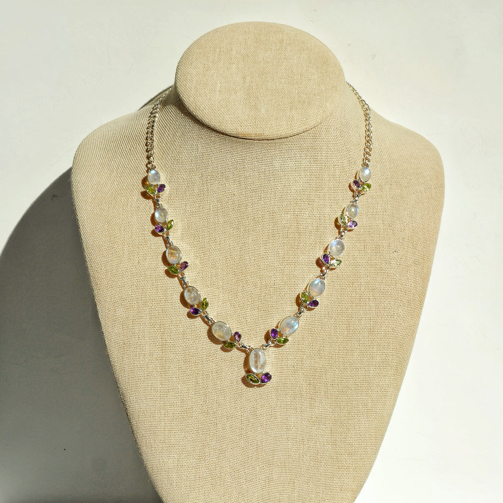 Luminous Stations Necklace – Rainbow Moonstone, Peridot, and Amethyst