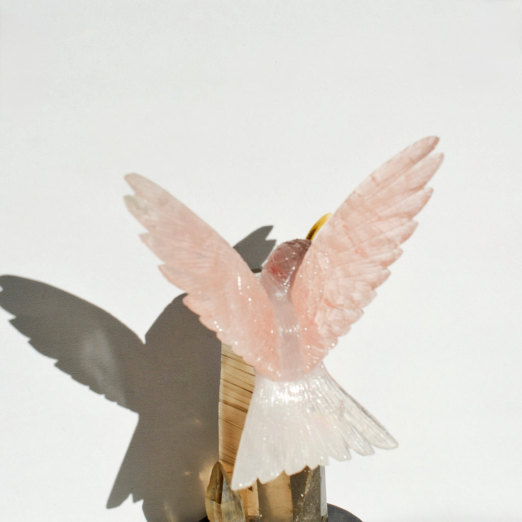 Sacred Wings Collection - Rose Quartz Hummingbird on Smoky Quartz