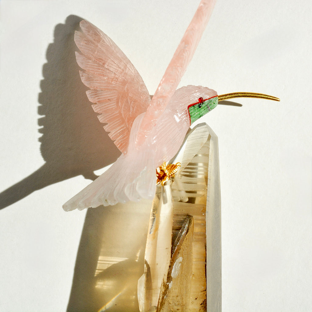 Sacred Wings Collection - Rose Quartz Hummingbird on Smoky Quartz