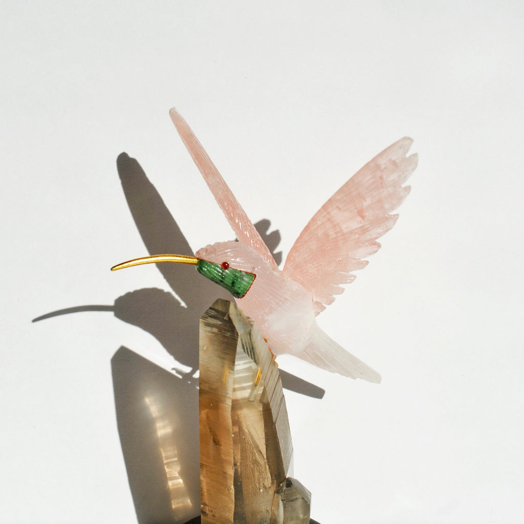 Sacred Wings Collection - Rose Quartz Hummingbird on Smoky Quartz