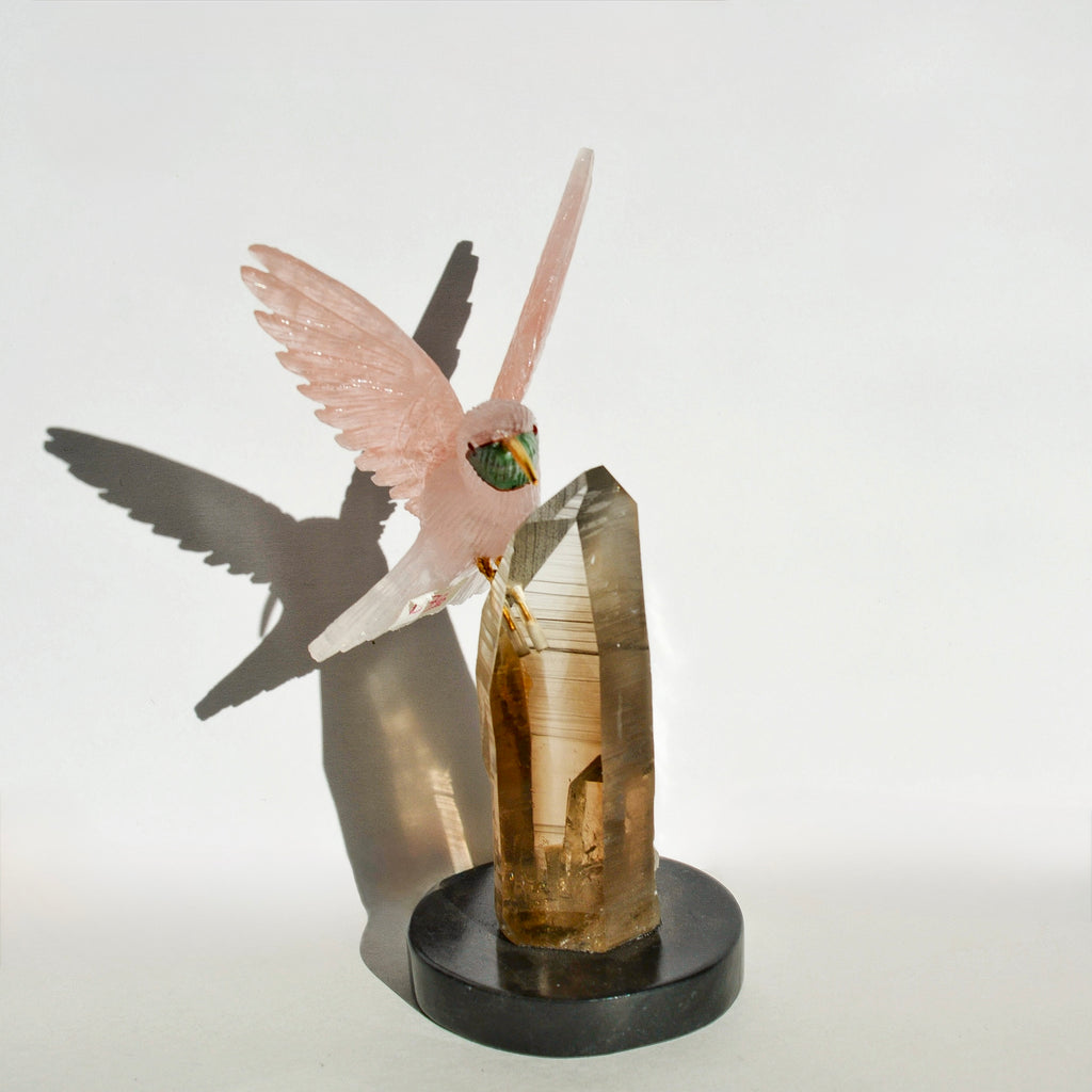 Sacred Wings Collection - Rose Quartz Hummingbird on Smoky Quartz