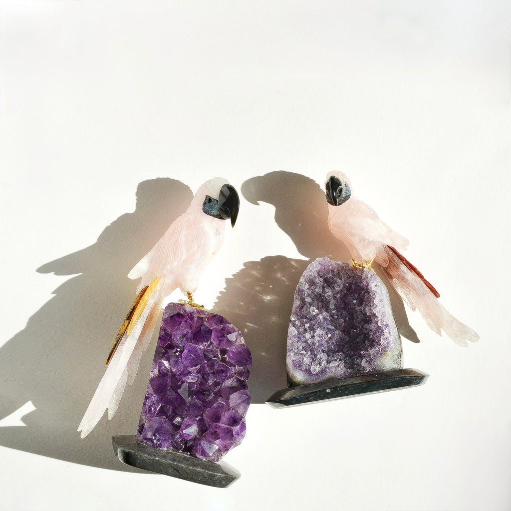 Sacred Wings Collection - Large Rose Quartz Parrot on Amethyst