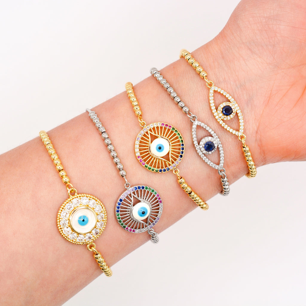 Round Beaded Evil Eye Slider Bracelet