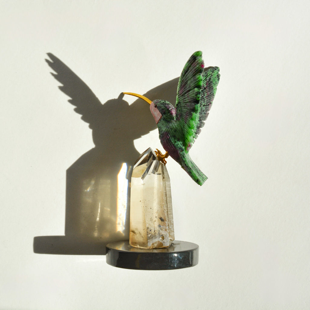 Sacred Wings Collection - Ruby Zoisite Hummingbird on Smoky Quartz