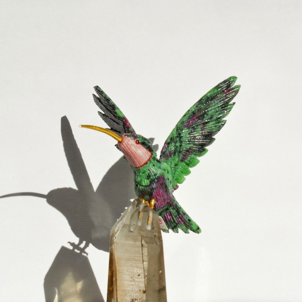 Sacred Wings Collection - Ruby Zoisite Hummingbird on Smoky Quartz