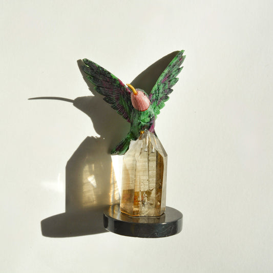 Sacred Wings Collection - Ruby Zoisite Hummingbird on Smoky Quartz