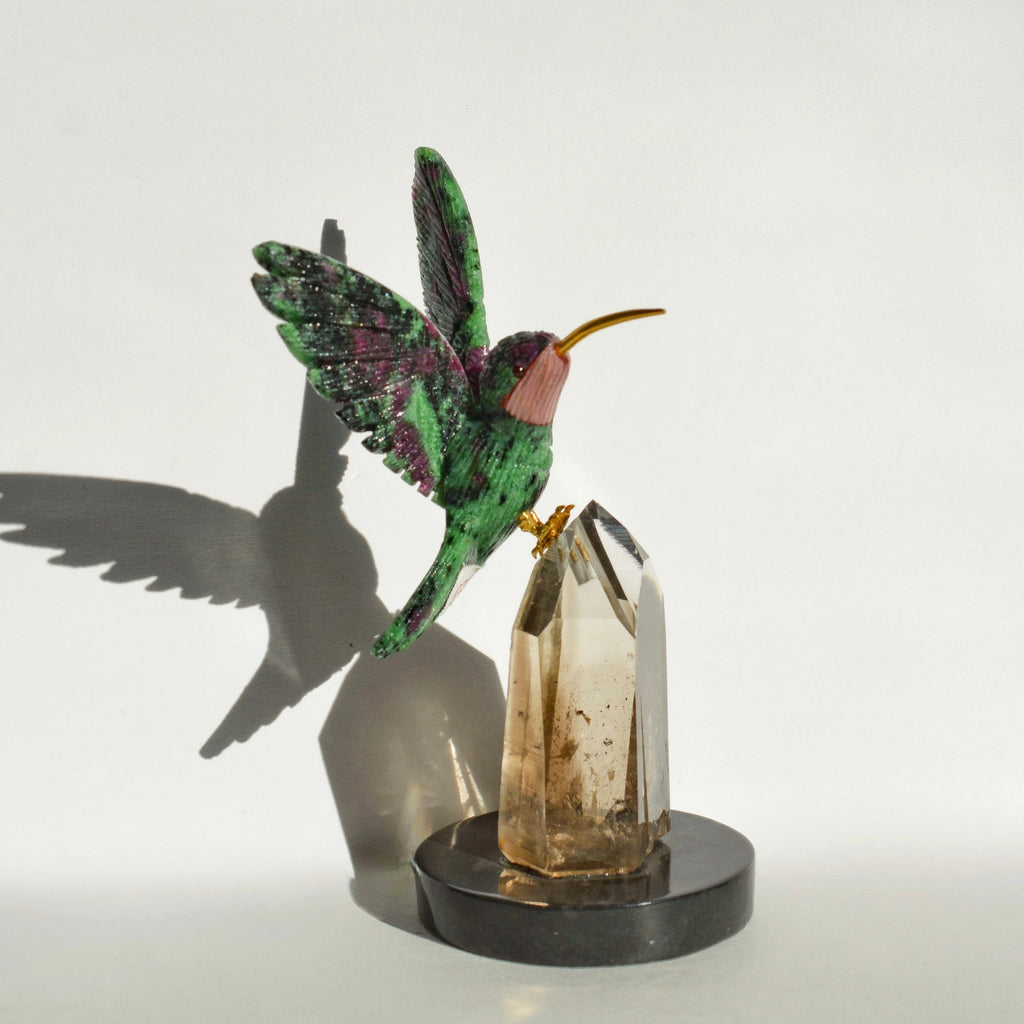 Sacred Wings Collection - Ruby Zoisite Hummingbird on Smoky Quartz