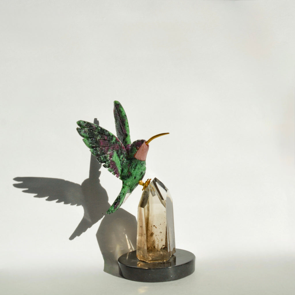 Sacred Wings Collection - Ruby Zoisite Hummingbird on Smoky Quartz
