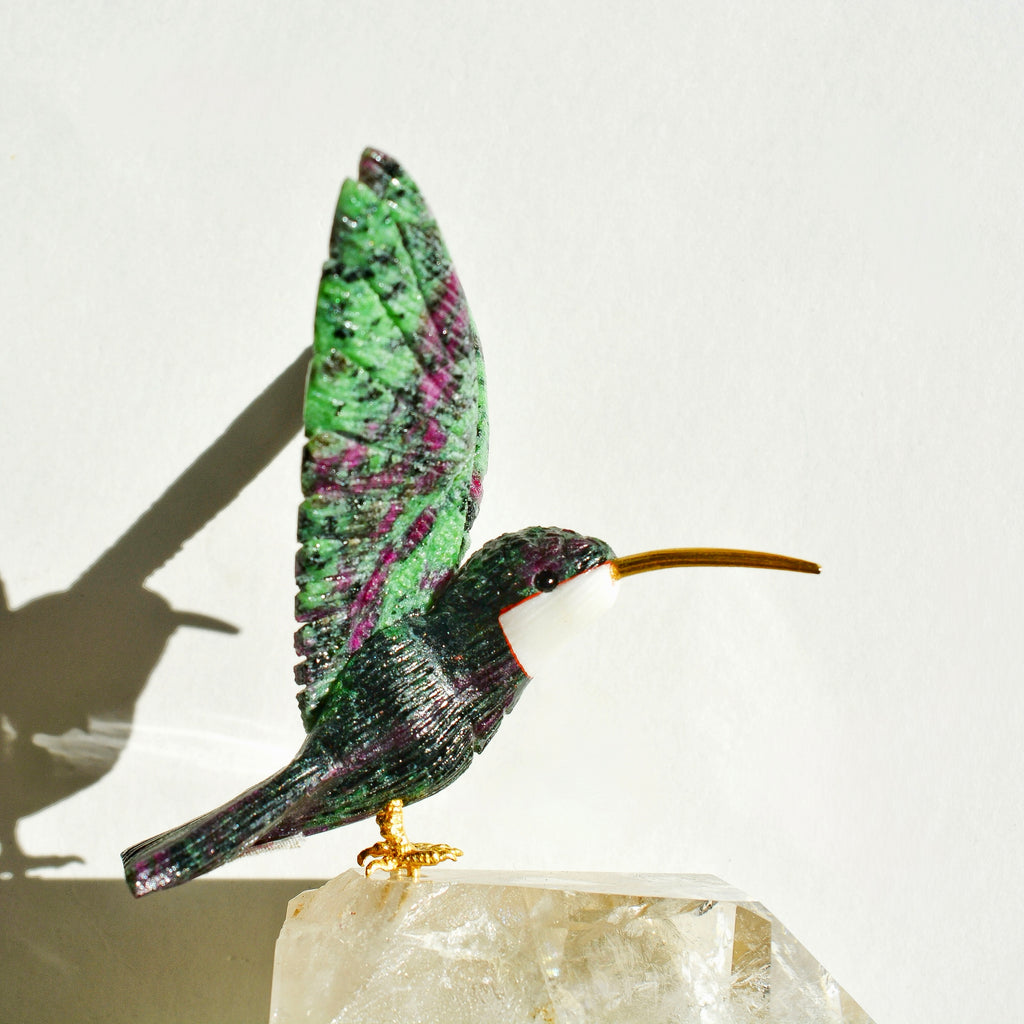 Sacred Wings Collection - Ruby Zoisite Hummingbird on Clear Quartz