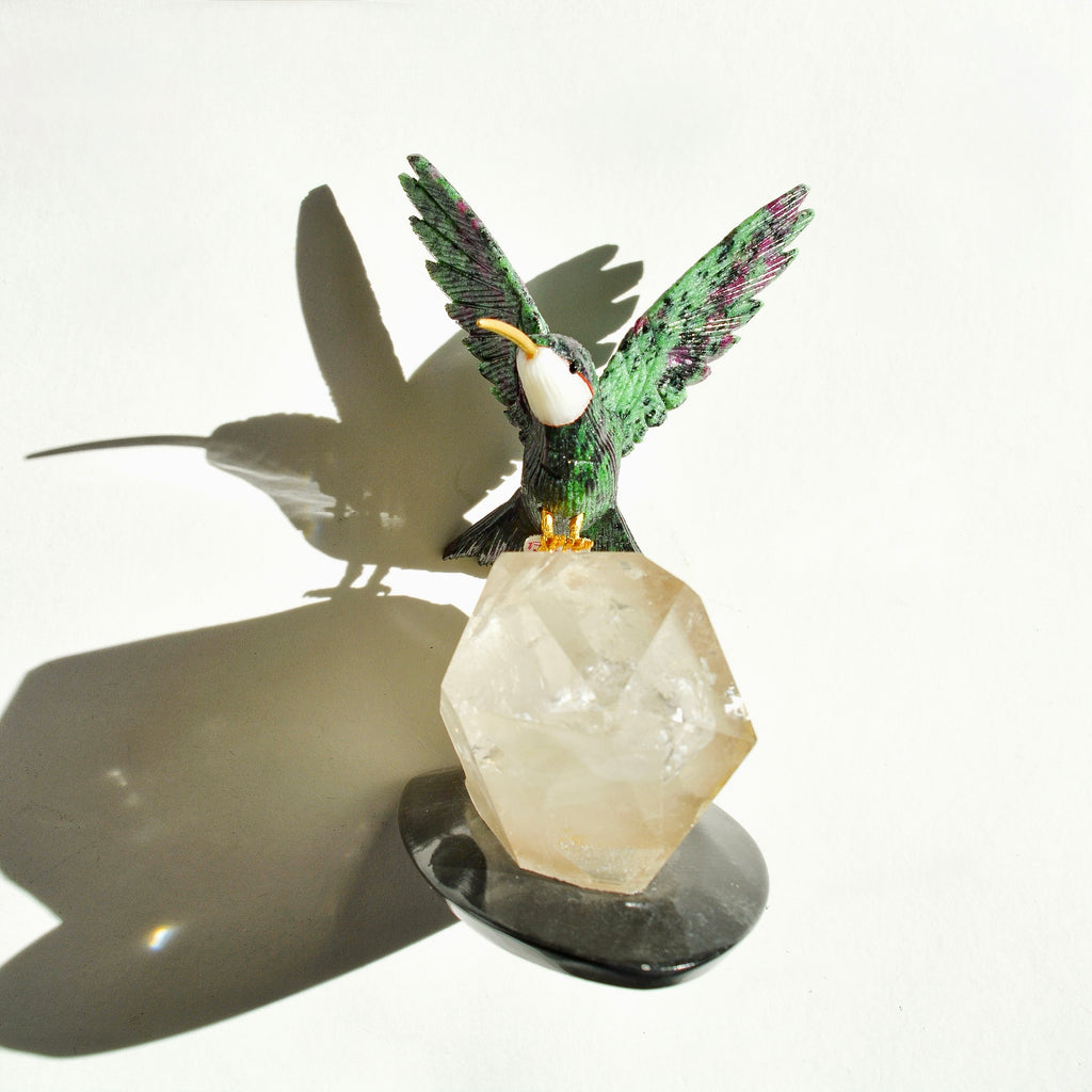 Sacred Wings Collection - Ruby Zoisite Hummingbird on Clear Quartz
