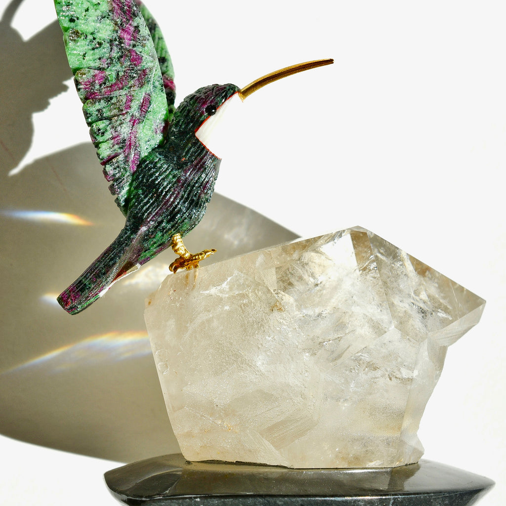 Sacred Wings Collection - Ruby Zoisite Hummingbird on Clear Quartz