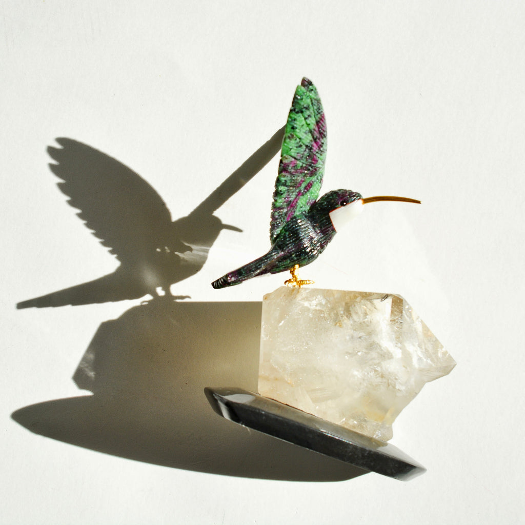 Sacred Wings Collection - Ruby Zoisite Hummingbird on Clear Quartz