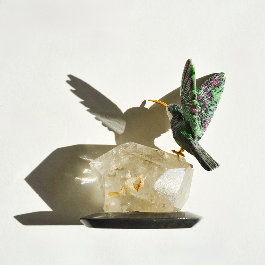 Sacred Wings Collection - Ruby Zoisite Hummingbird on Clear Quartz