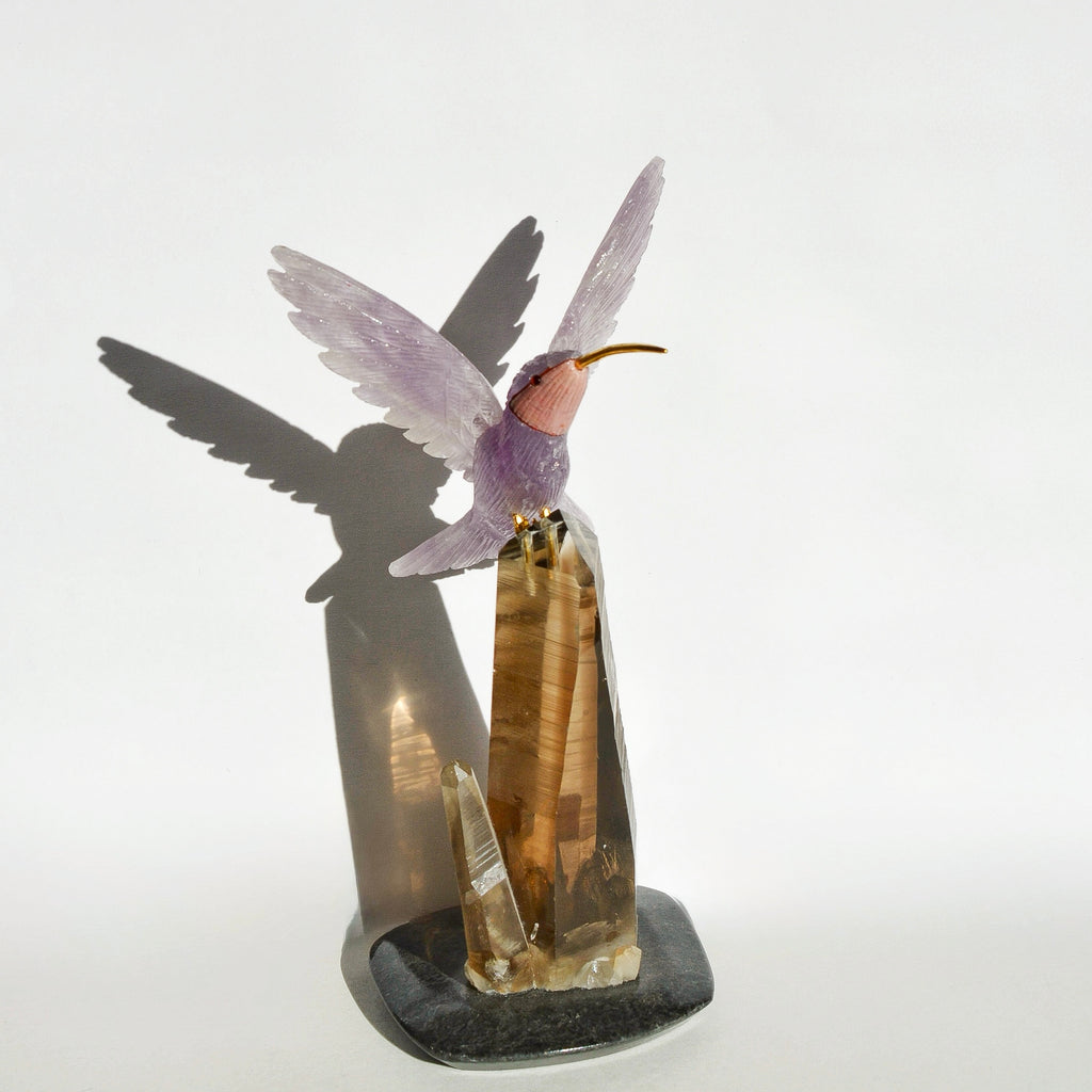 Sacred Wings Collection - Amethyst Hummingbird on Smoky Quartz