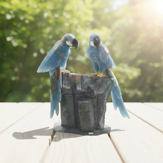Sacred Wings Collection - Blue Calcite Parrots on Ruby in Zoisite