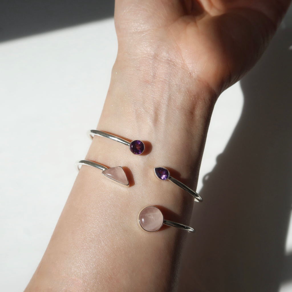 Sterling Silver Polished Rose Quartz Bangle