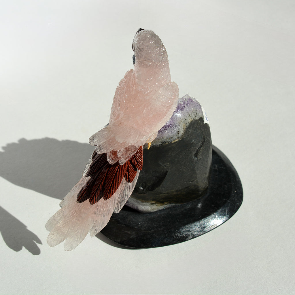 Sacred Wings Collection - Small Rose Quartz Parrot on Amethyst