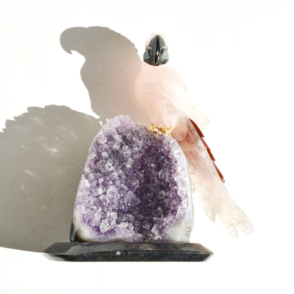 Sacred Wings Collection - Small Rose Quartz Parrot on Amethyst