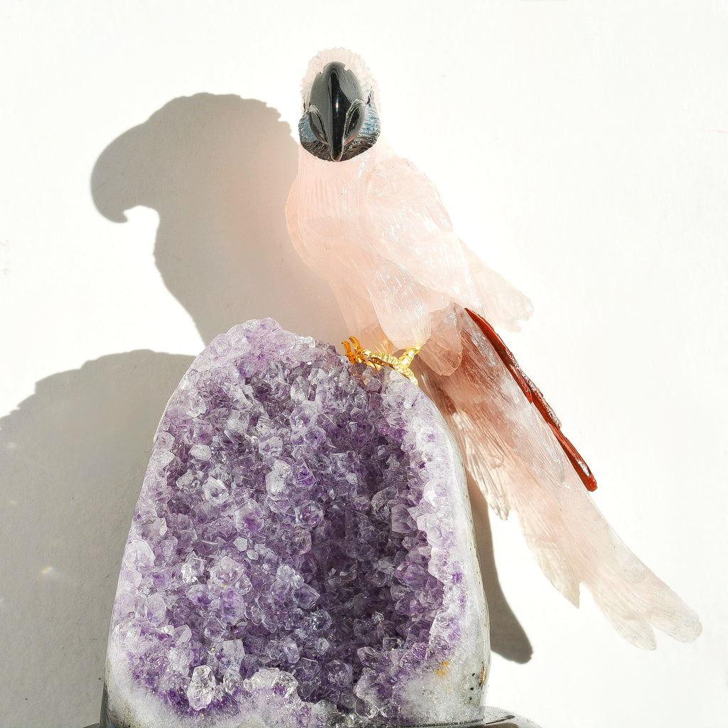 Sacred Wings Collection - Small Rose Quartz Parrot on Amethyst