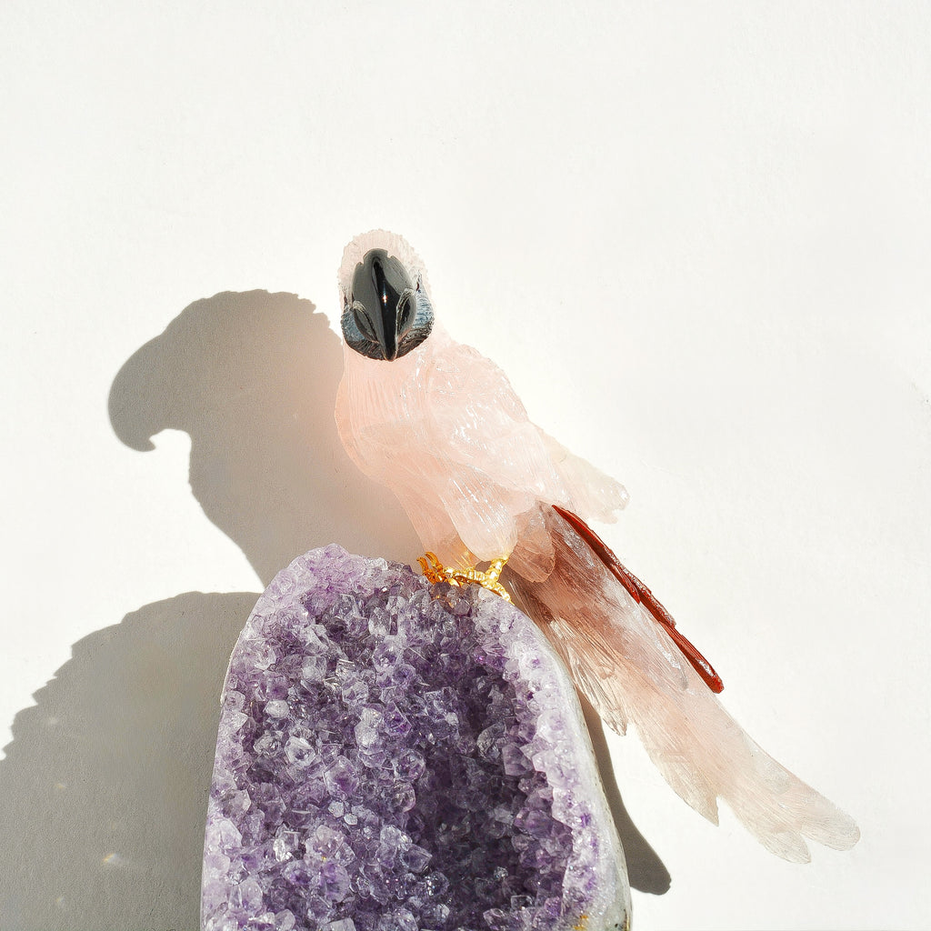 Sacred Wings Collection - Small Rose Quartz Parrot on Amethyst