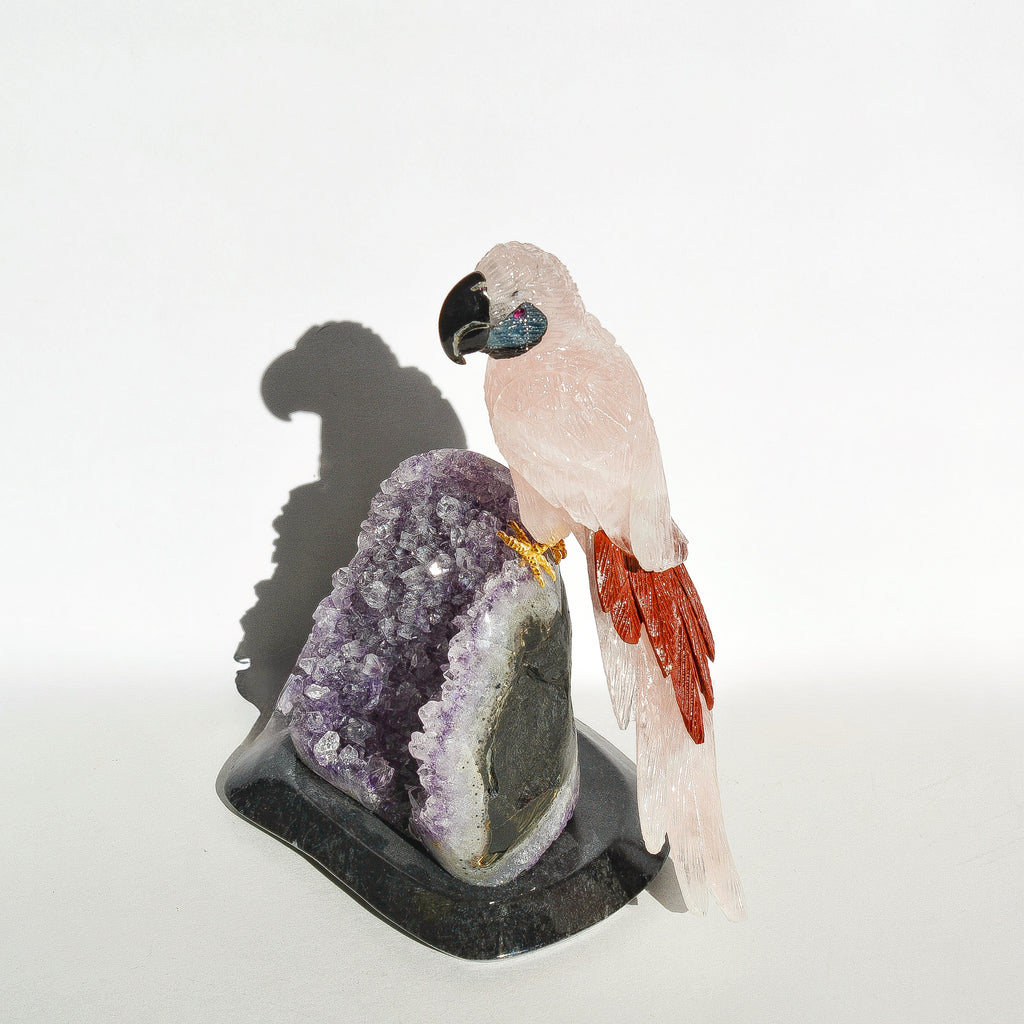 Sacred Wings Collection - Small Rose Quartz Parrot on Amethyst