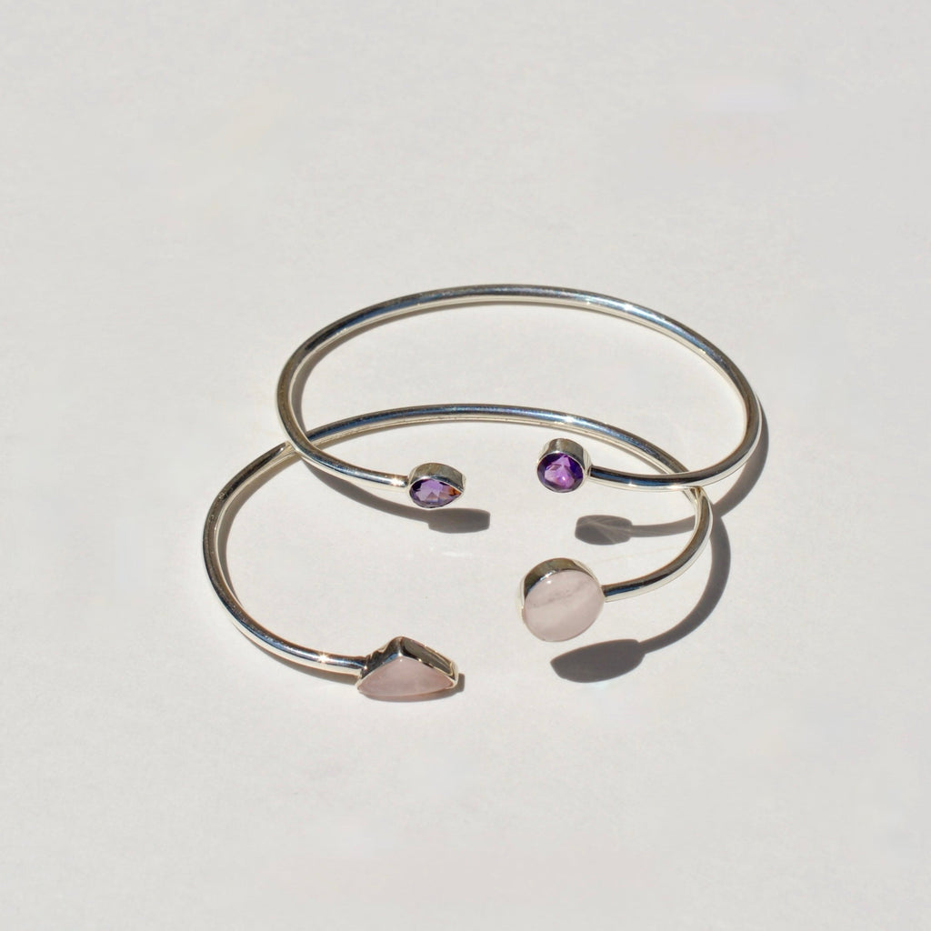 Sterling Silver Polished Rose Quartz Bangle